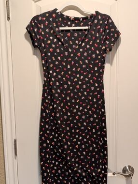 Source Unknown Black Midi Dress with Pink, White & Yellow Floral Print